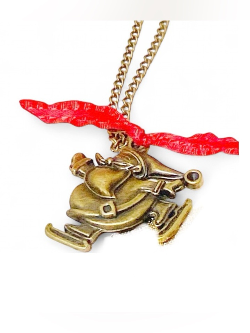 Handmade Santa Claus 23” Bronze Necklace with Red Ribbon – Holiday Gift Jewelry